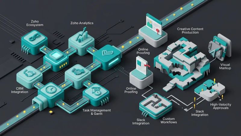 Illustration for the article: Zoho Projects for marketing: pros and cons