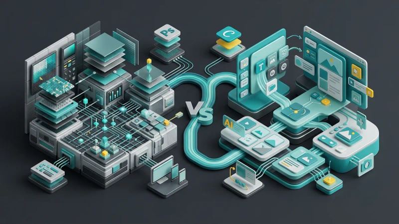 Illustration for the article: Photoshop vs Canva in 2026: differences, prices and which to choose